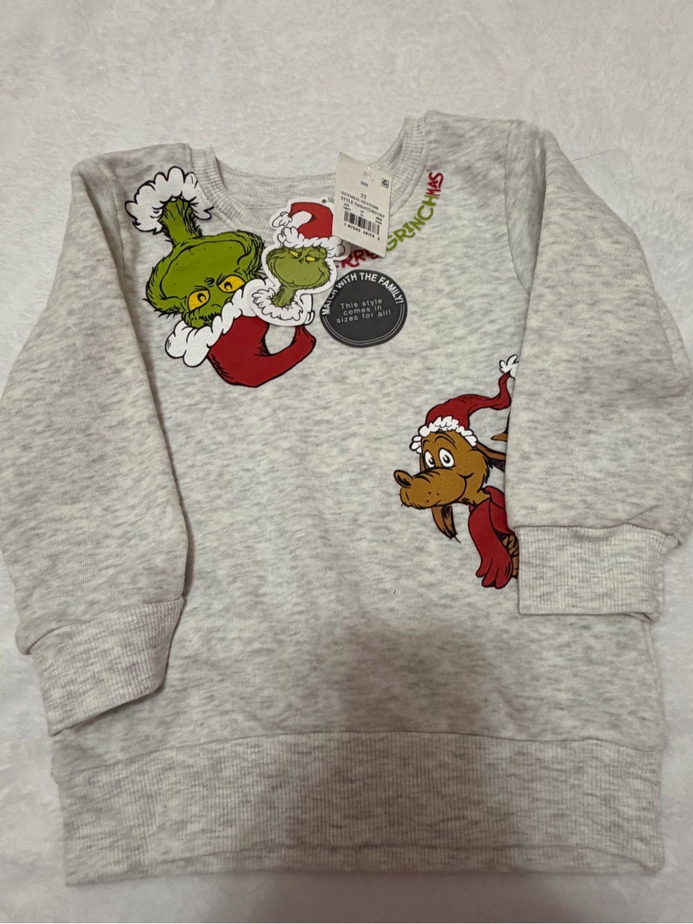 Unisex Dr. Seuss Grinch Kids Holiday Sweatshirt - Light Gray with Red Accents